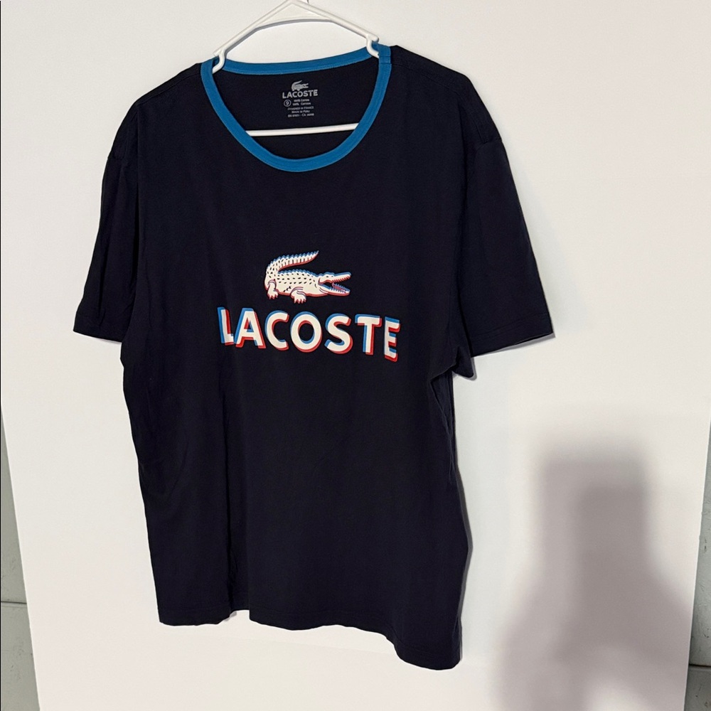 Lacoste Black Short Sleeve Tee with Blue Trim and Multicolor Logo